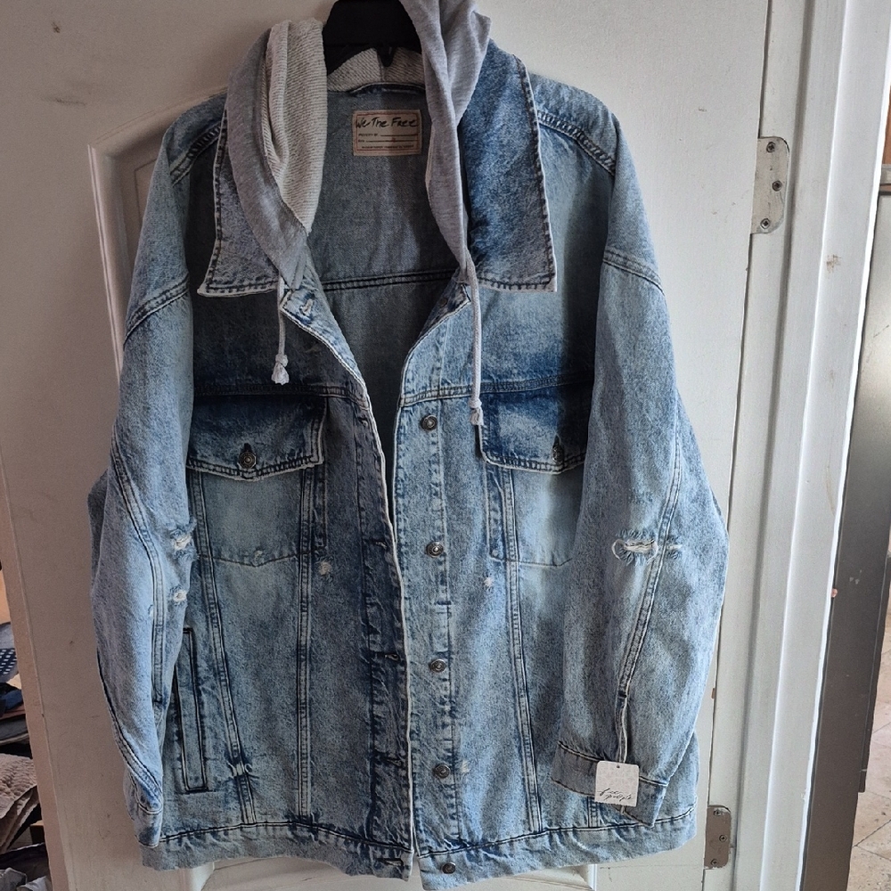 Free People Blue Denim Jacket with Gray Hood